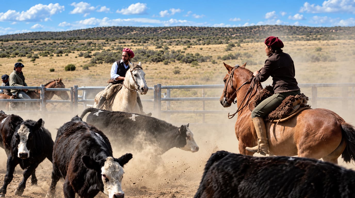 Gauchos con boina montados en caballos criollos, uno zaino y otro blanco, arrean ganado negro de cara blanca entre el polvo junto a un corral en el campo seco.