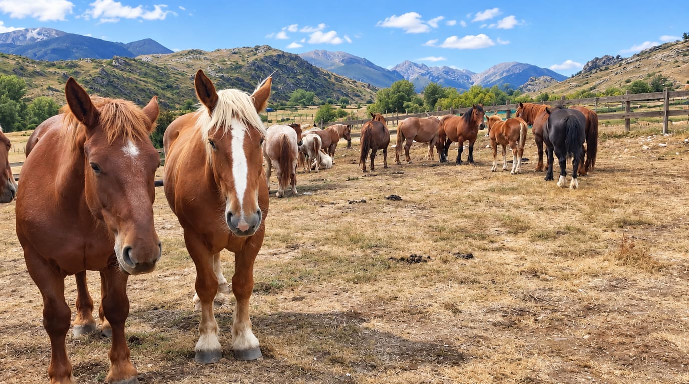 Two chestnut draft horses with flaxen manes stand in front of a herd grazing in a dry mountain paddock with a wooden fence and rocky peaks.