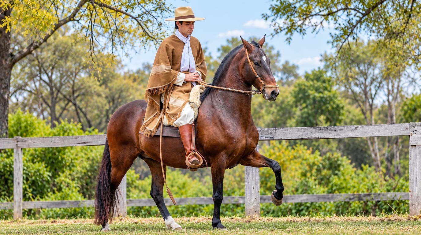 A rider in a tan poncho and straw hat sits calmly on a bay Peruvian Paso horse lifting one foreleg in its gait beside a wooden fence.
