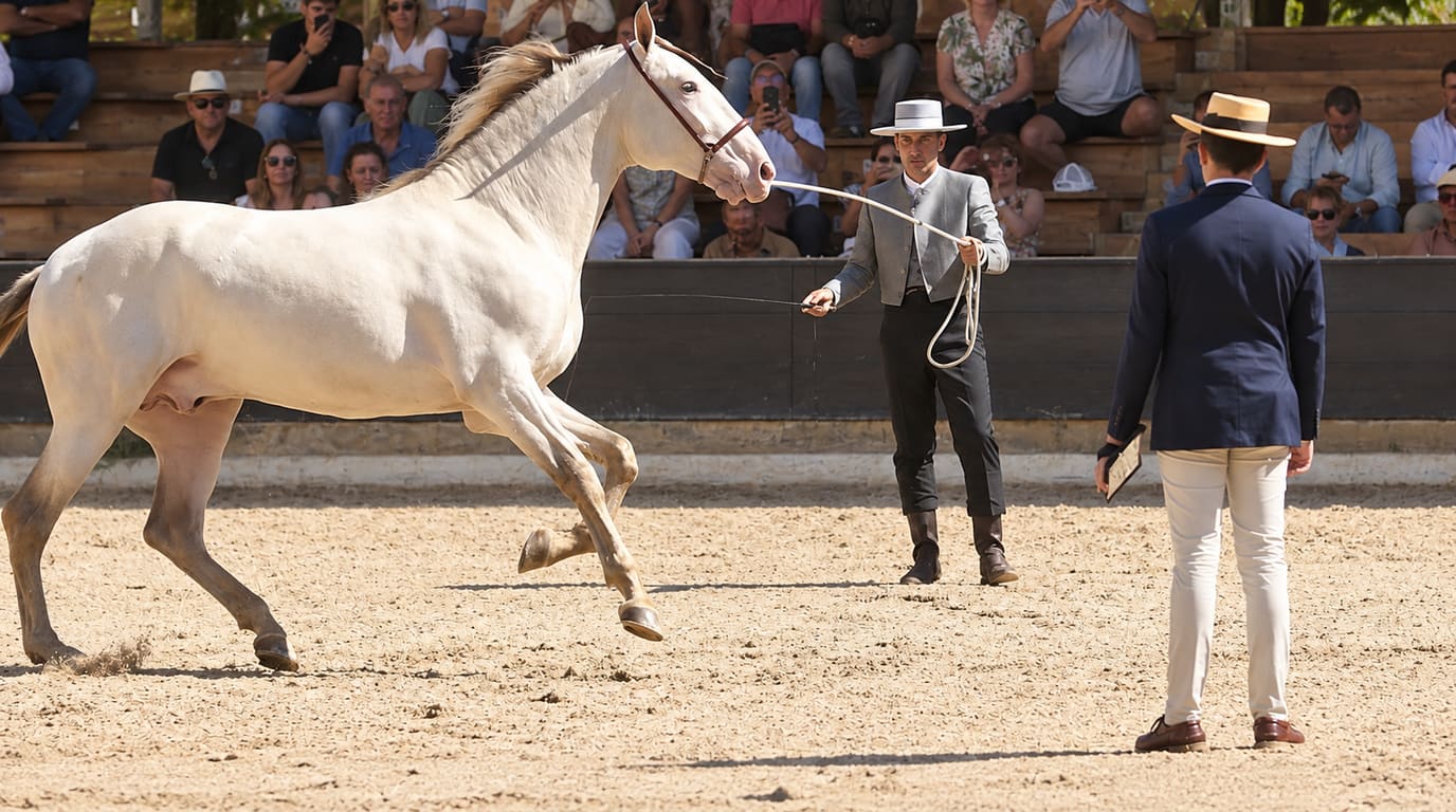 A cream PRE horse trots in hand across a sand arena as a handler in a flat Spanish hat holds the line and a judge watches.