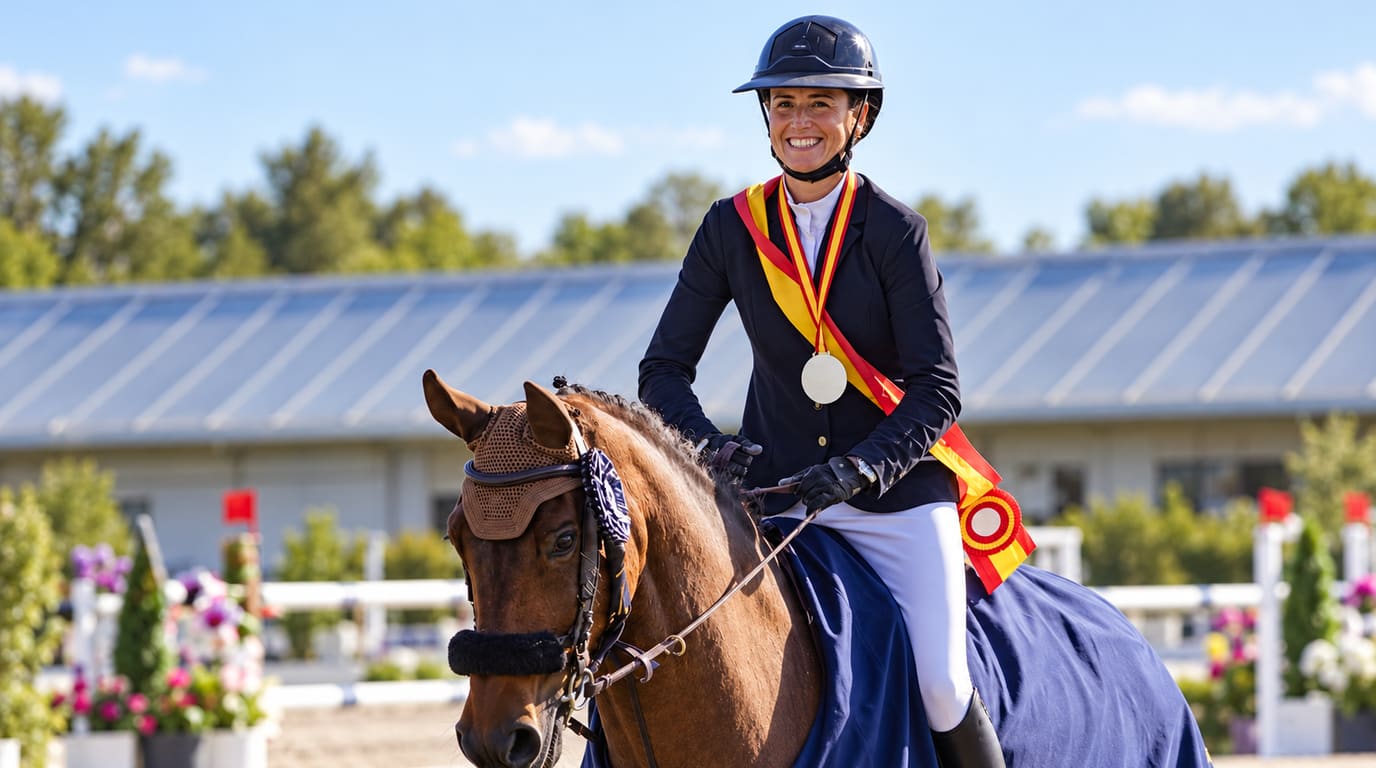 Smiling rider in a navy jacket, medal and red-and-yellow champion sash sits on a bay mare wearing an ear bonnet and a navy cooler in an outdoor arena.