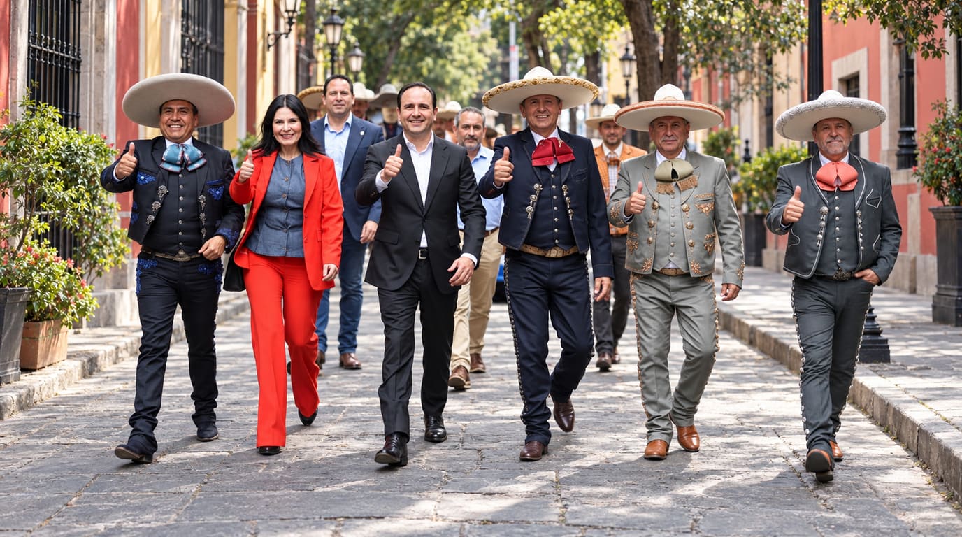 Charros in wide sombreros and embroidered suits walk down a cobblestone street giving thumbs up beside officials in business attire.