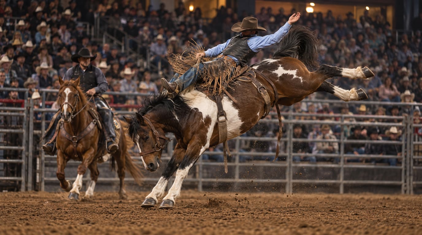 Un jinete de bronco con silla, de camisa celeste y chaparreras con flecos, se echa atrás sobre un caballo pinto que reparte coces mientras un hazer en un alazán lo sigue en una arena llena.
