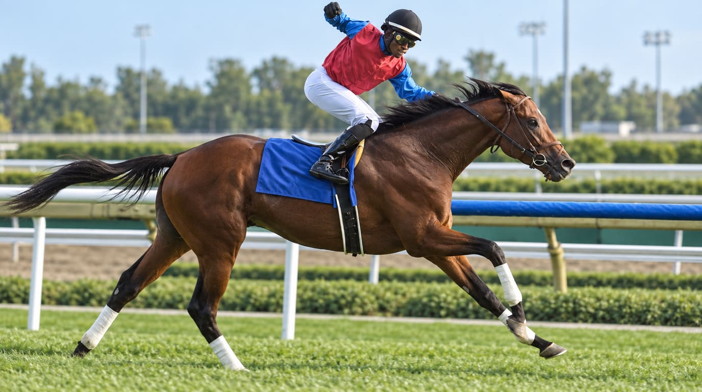 A jockey in red and blue silks raises a fist while riding a bay racehorse at full gallop on a grass racetrack beside a white rail.