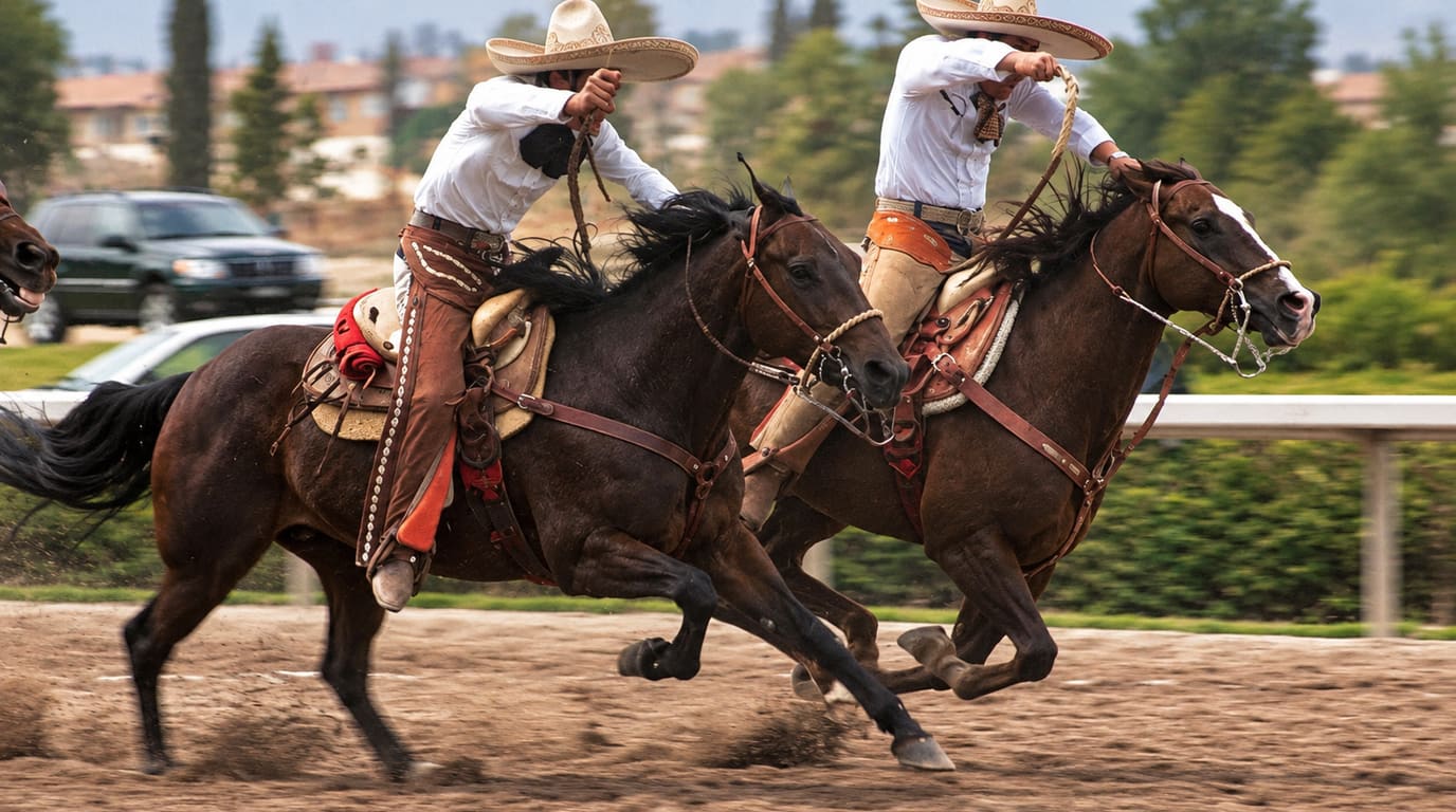 Dos charros con camisa blanca y sombrero galopan lado a lado en caballos castaños oscuros por una pista de tierra junto a una baranda blanca.