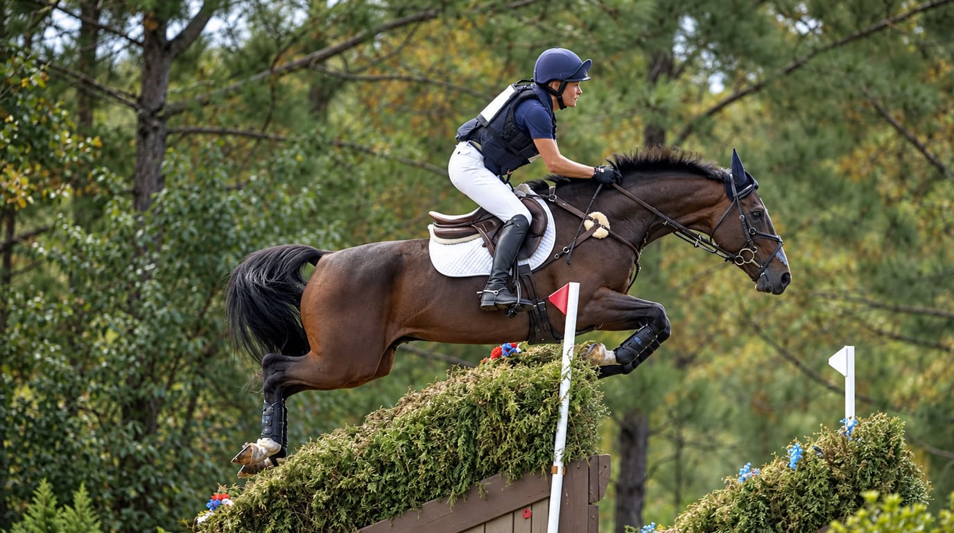 A rider in a navy helmet and vest guides a bay horse over a brush fence with a red flag on a wooded cross-country course.
