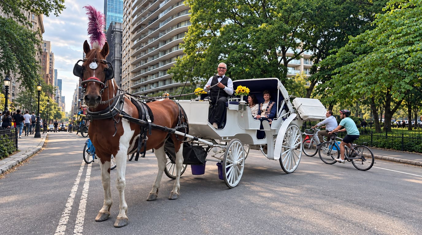 A pinto carriage horse with a pink plume pulls a white carriage with a driver and two passengers along a Central Park road as cyclists pass.