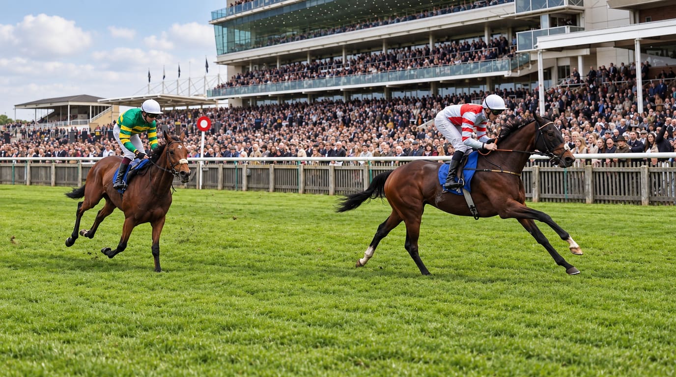 Two jockeys race down the grass at Newmarket in front of packed grandstands, one in red and white silks ahead of a rival in green and yellow.