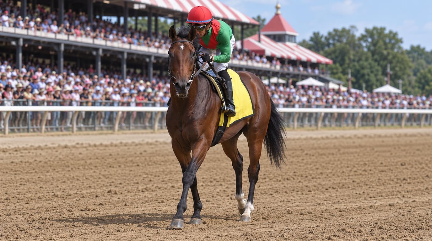 A jockey in a red helmet and green silks walks a bay racehorse across the dirt track in front of a packed grandstand.