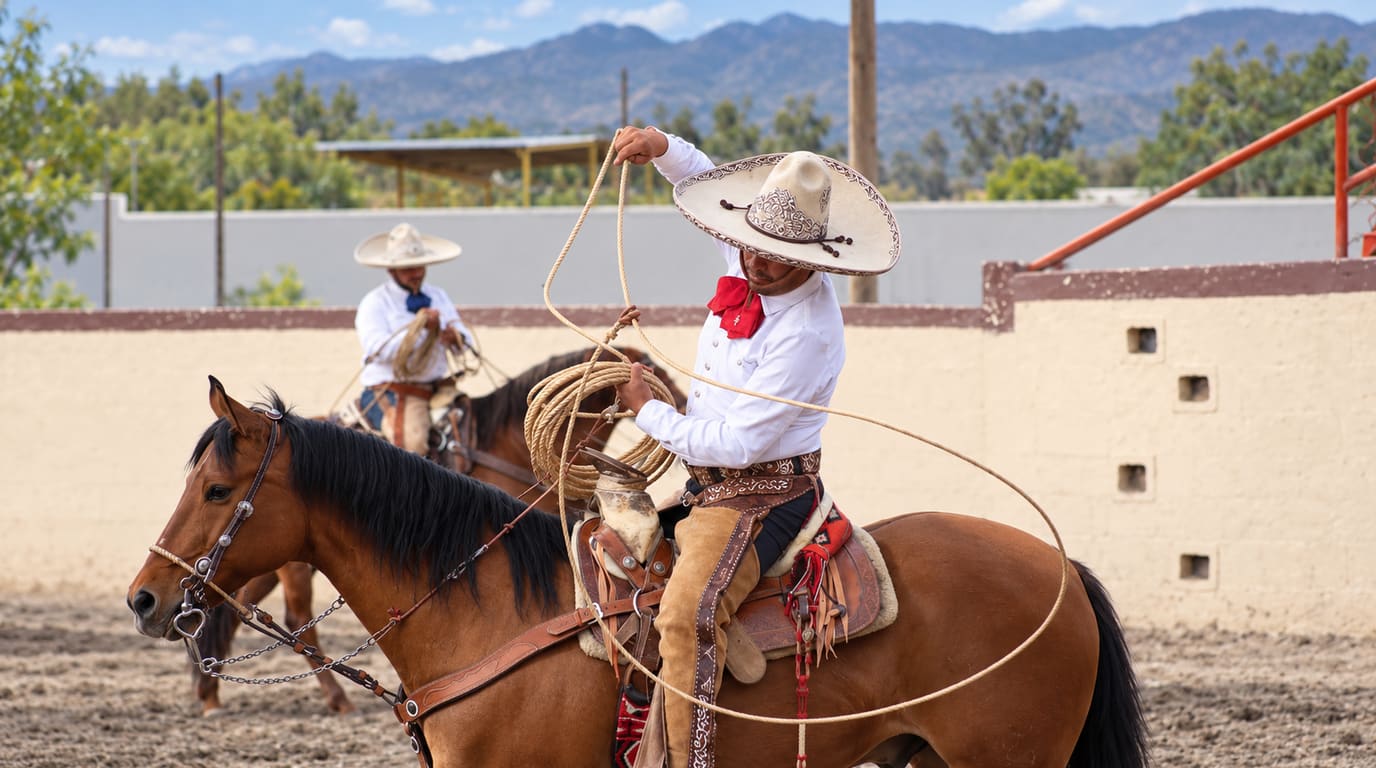 Un charro con camisa blanca, moño rojo y sombrero bordado gira la reata montado en un caballo bayo en un lienzo de tierra mientras otro jinete espera atrás.