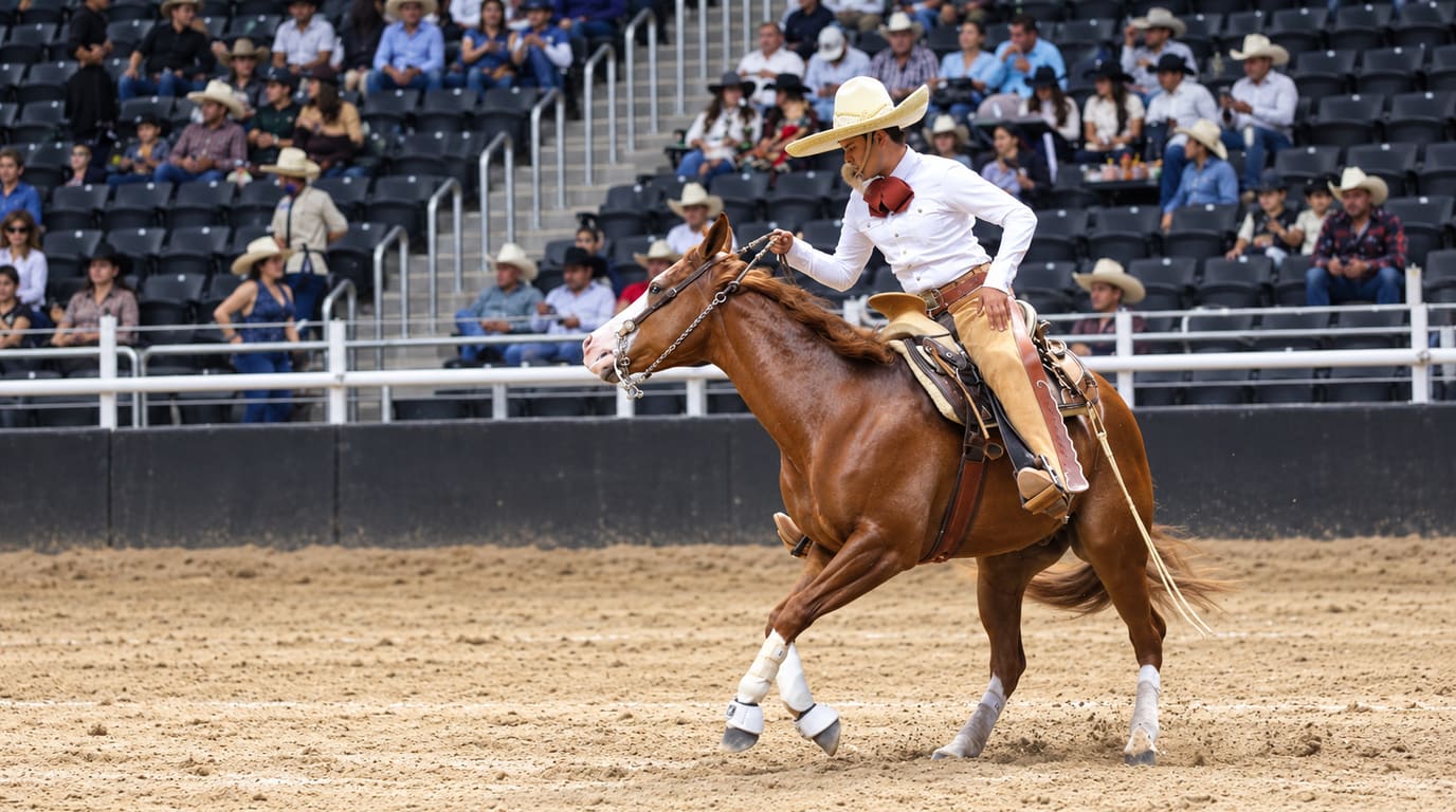 Un charro con sombrero de ala ancha y camisa blanca monta un caballo alazán que frena en la arena de un lienzo mientras el público observa desde las gradas.