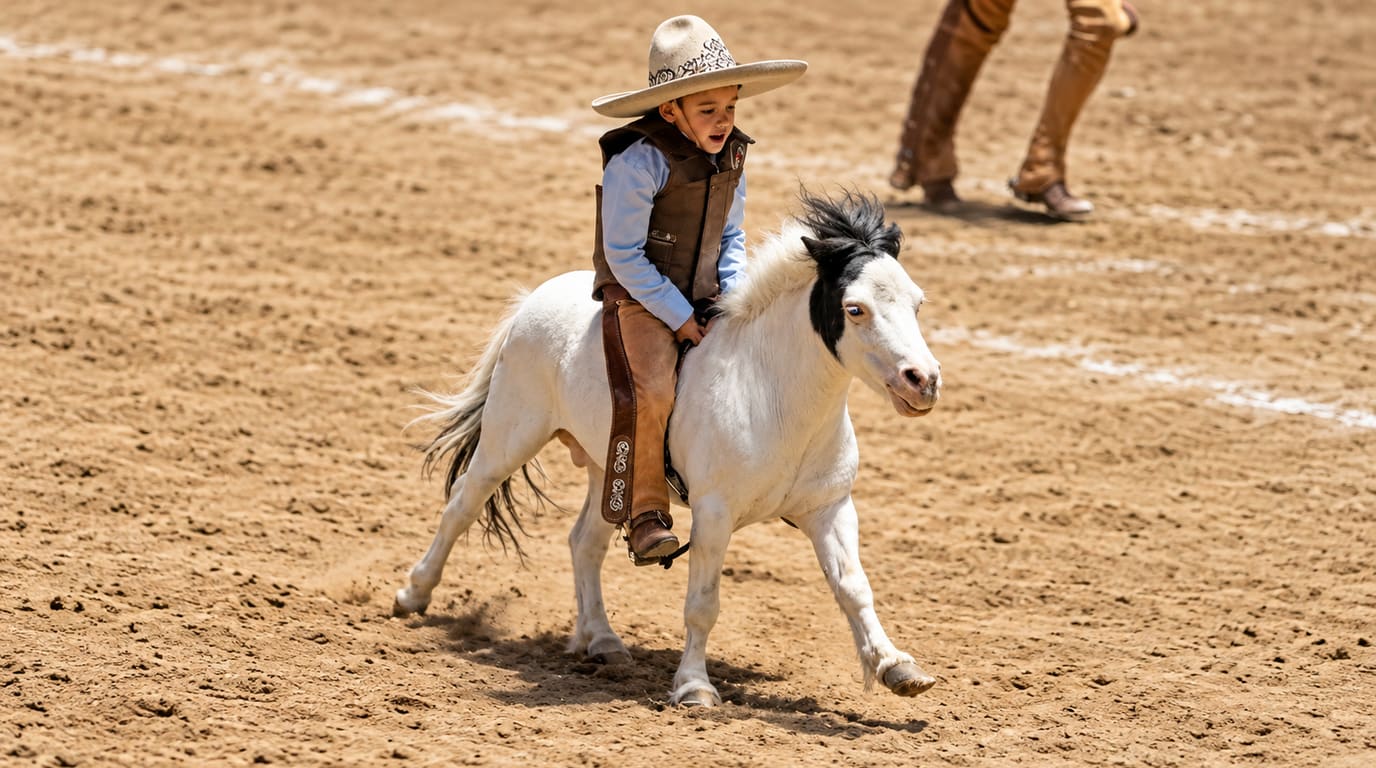 Un niño con sombrero charro de ala ancha, chaleco café y chaparreras de cuero monta un pequeño poni blanco de crin negra en un ruedo de tierra.