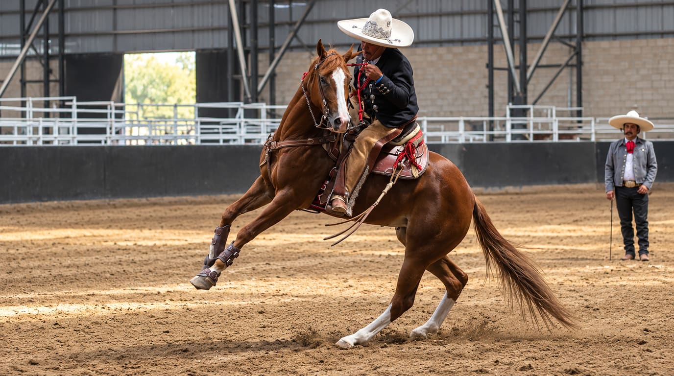 Un charro con sombrero blanco de ala ancha monta un caballo alazán con protectores en una vuelta cerrada en un lienzo de tierra mientras un juez de saco gris observa.