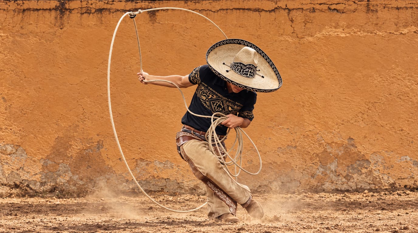 Un charro con sombrero bordado de ala ancha, jersey negro y chaparreras de gamuza gira una reata en un lienzo polvoriento frente a un muro ocre.