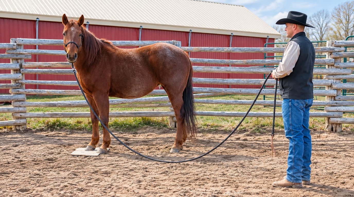 A chestnut horse stands calmly with its front hooves on a small mat while a handler in a black hat holds a long, loose lead rope.