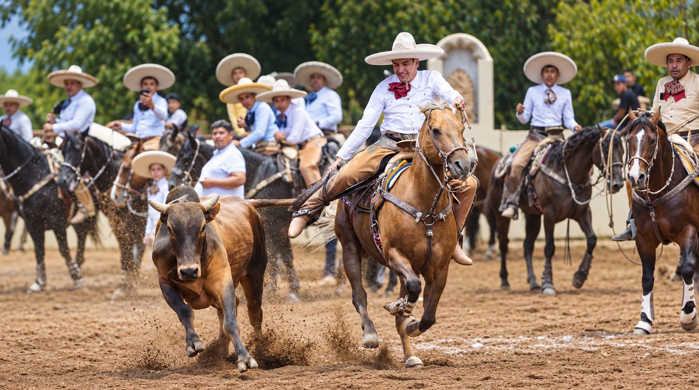 A charro in a white shirt and red tie gallops a palomino beside a running steer in a dirt lienzo as mounted charros in sombreros look on.
