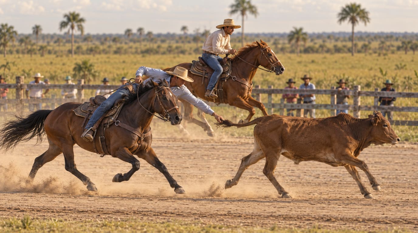 Two riders on bay and chestnut horses gallop through dust along a sandy lane, one leaning down to grab the tail of a young brown bull.