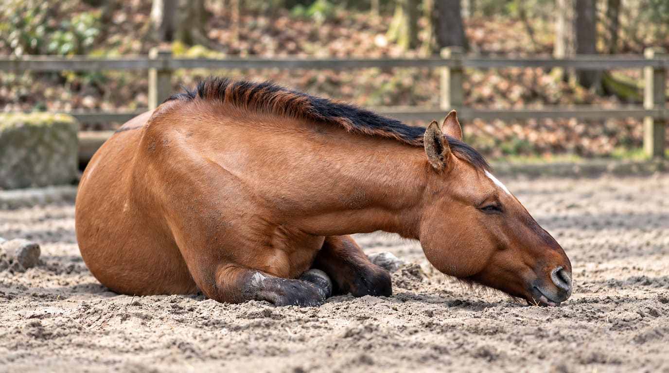 Bay horse lying in a sandy paddock with its forelegs folded beneath it and eyes closed, its muzzle resting on the ground in front of a wooden fence.