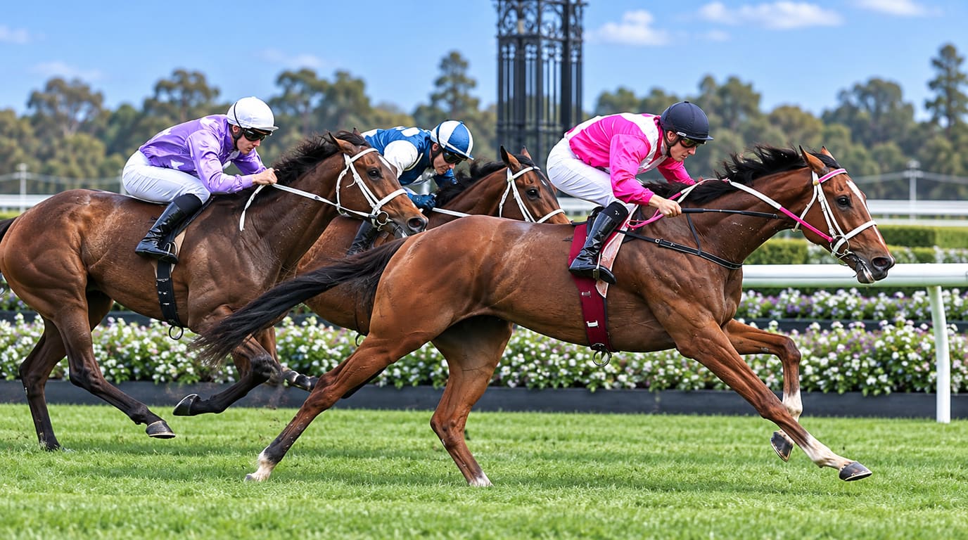 Tres caballos de carreras castaños galopan sobre el césped; un jinete de rosa encabeza a otros de morado y azul junto a una baranda con flores.