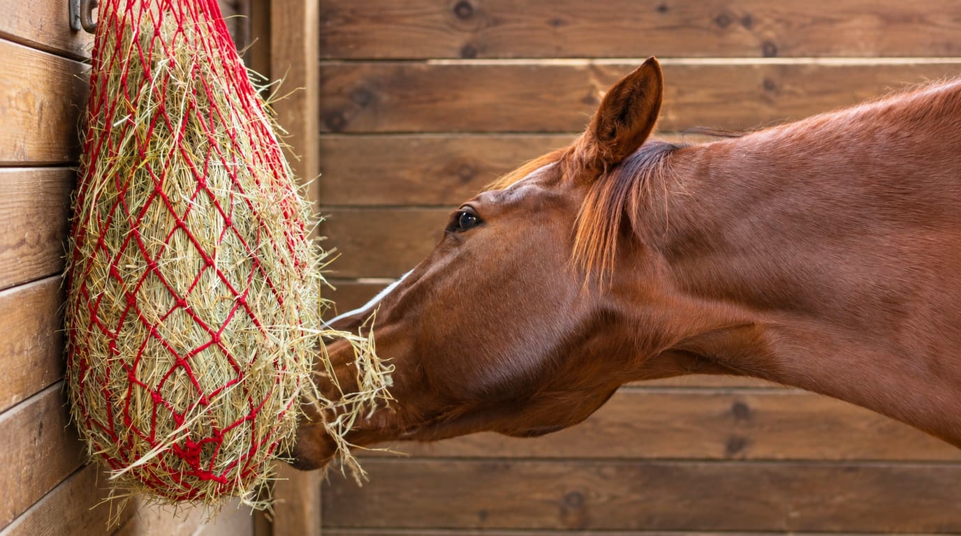 A chestnut horse pulls hay from a red hay net hanging on the wooden wall of its stall.