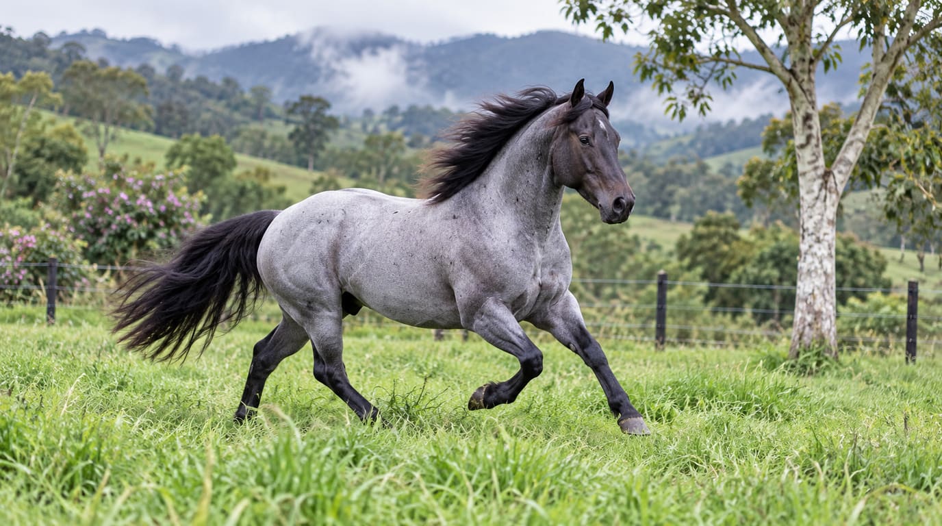 A muscular blue roan Quarter Horse lopes through tall green grass in a fenced pasture, with misty Andean hills behind.