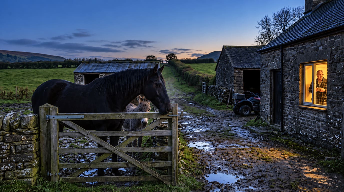 Un caballo negro y un burro gris esperan tras una tranquera de madera al anochecer mientras un hombre con una taza mira desde la ventana iluminada de una casa de piedra.