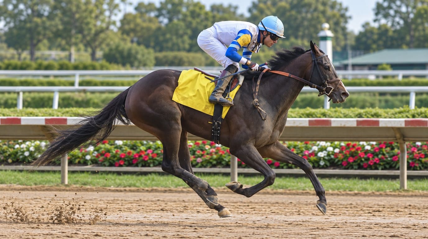 Jockey in white and blue silks crouches over a dark bay racehorse galloping alone along a dirt track past a flower-lined rail