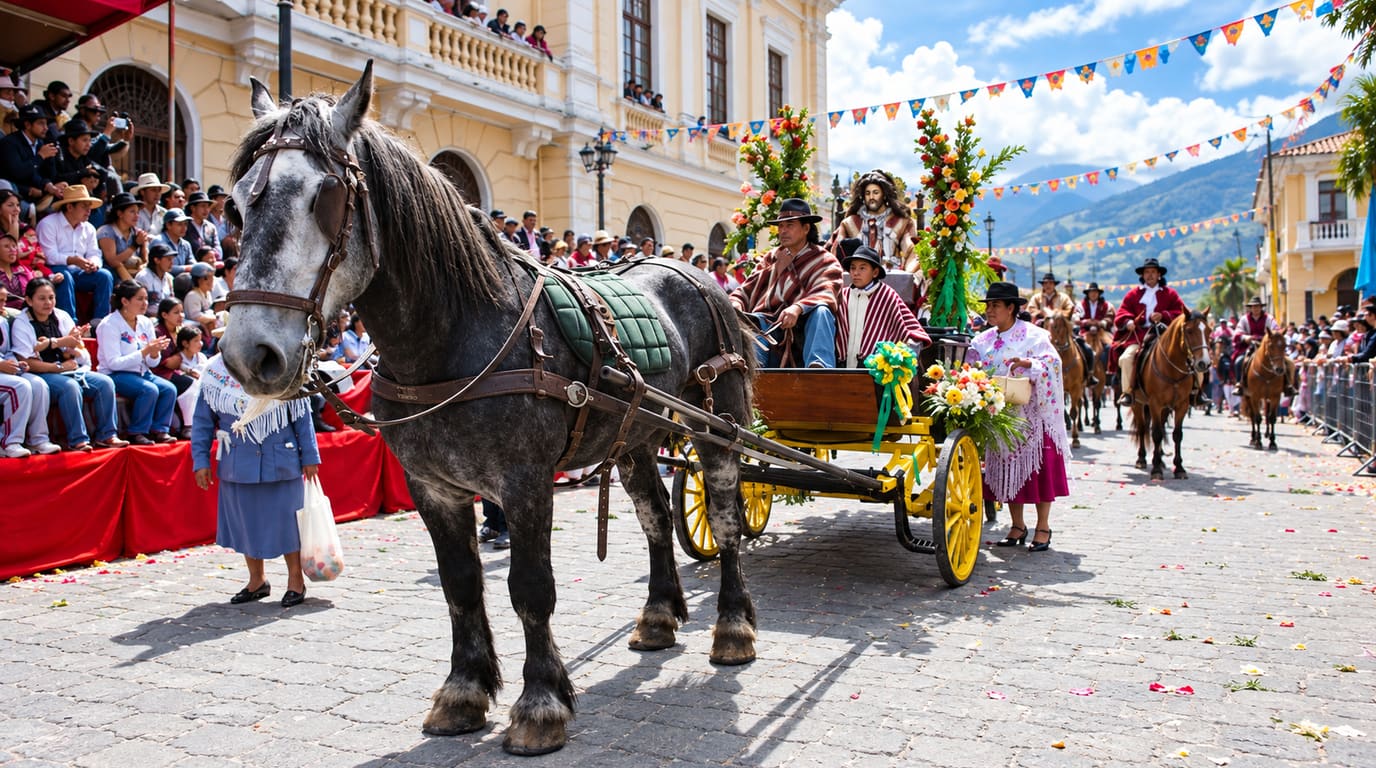 Un caballo de tiro tordo tira de un carro amarillo adornado con flores ante el público, mientras jinetes con poncho desfilan por una calle andina empedrada.