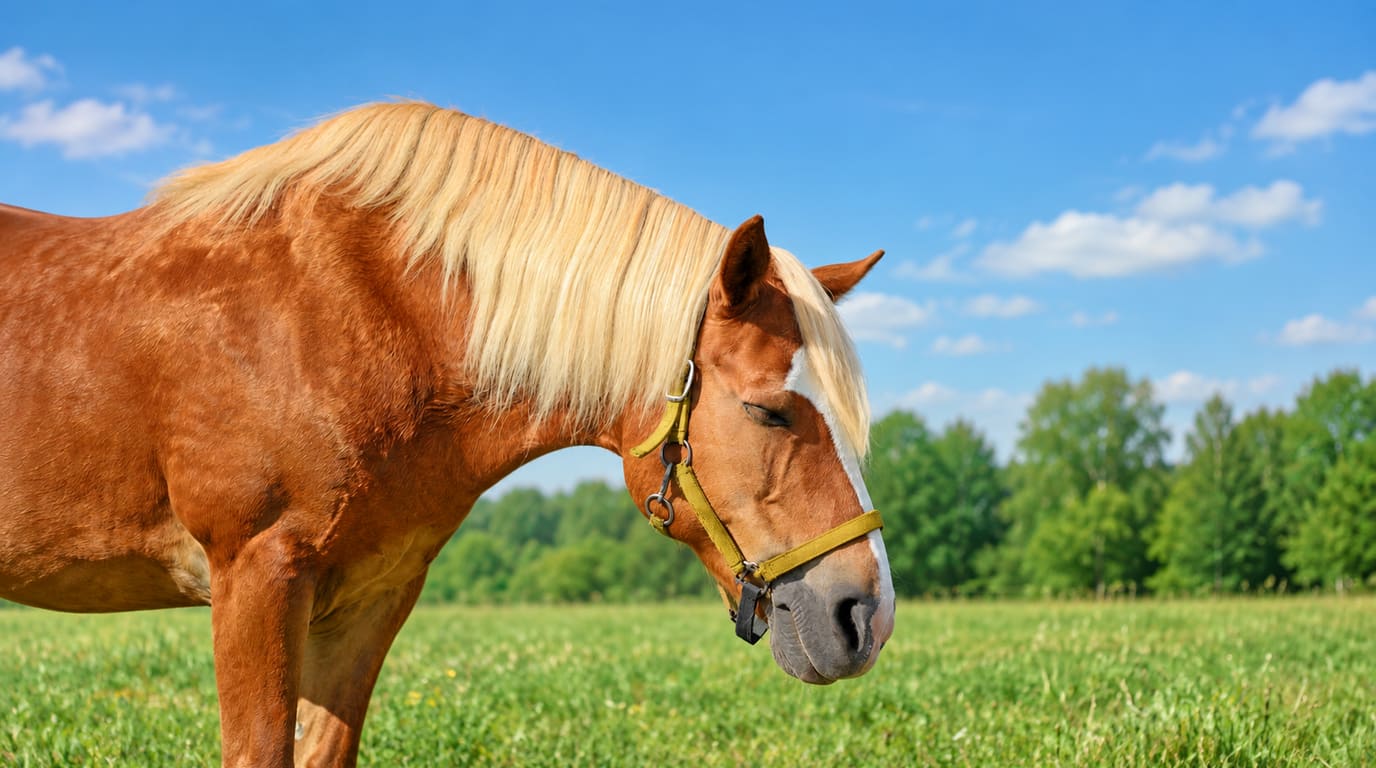 A chestnut horse with a long blond mane and a yellow halter dozes on its feet with eyes closed in a sunny green pasture.