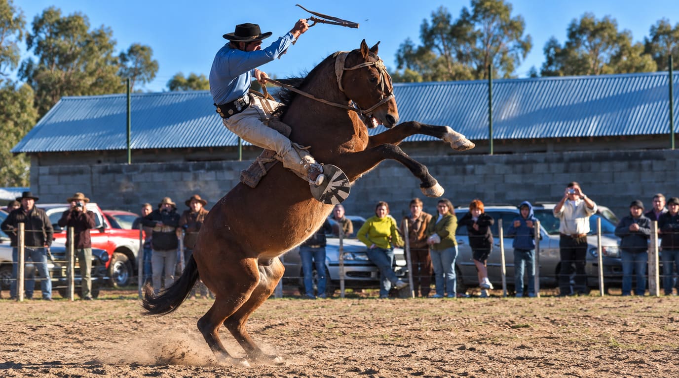 A gaucho in a black hat and blue shirt rides a rearing bay bronc in a dirt arena, whip raised, as spectators watch from behind a wire fence.