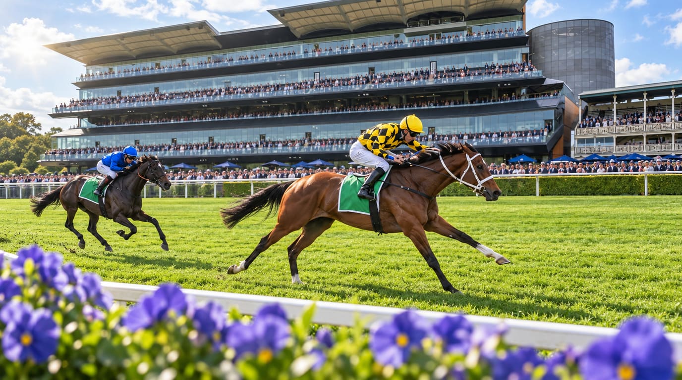 A jockey in yellow and black silks gallops a bay horse down the turf past a grandstand and purple pansies, with a blue-clad rival behind.