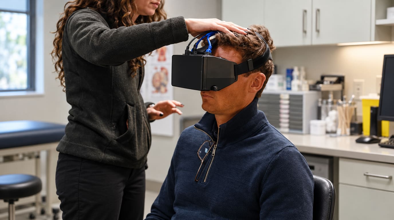 Una clínica sujeta la cabeza de un hombre que usa un visor negro de seguimiento ocular durante una evaluación de conmoción cerebral en un consultorio luminoso.