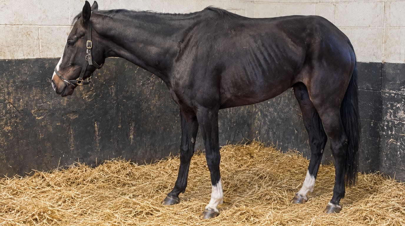 Caballo castaño oscuro delgado, con las costillas marcadas y el vientre recogido, de pie con la cabeza baja en una caballeriza con cama de paja.