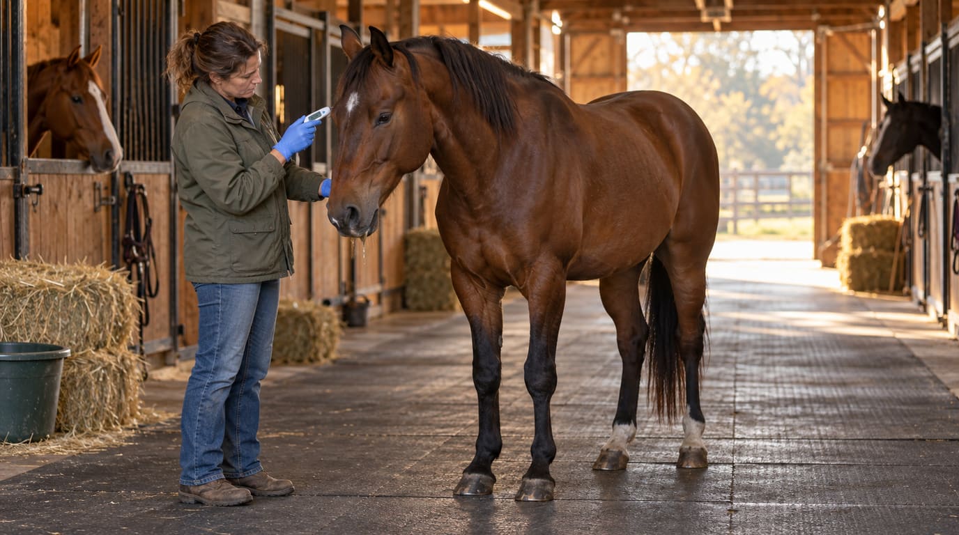 A veterinarian in a green jacket and blue gloves checks a tired bay horse with a runny nose in a sunlit barn aisle lined with stalls and hay bales.