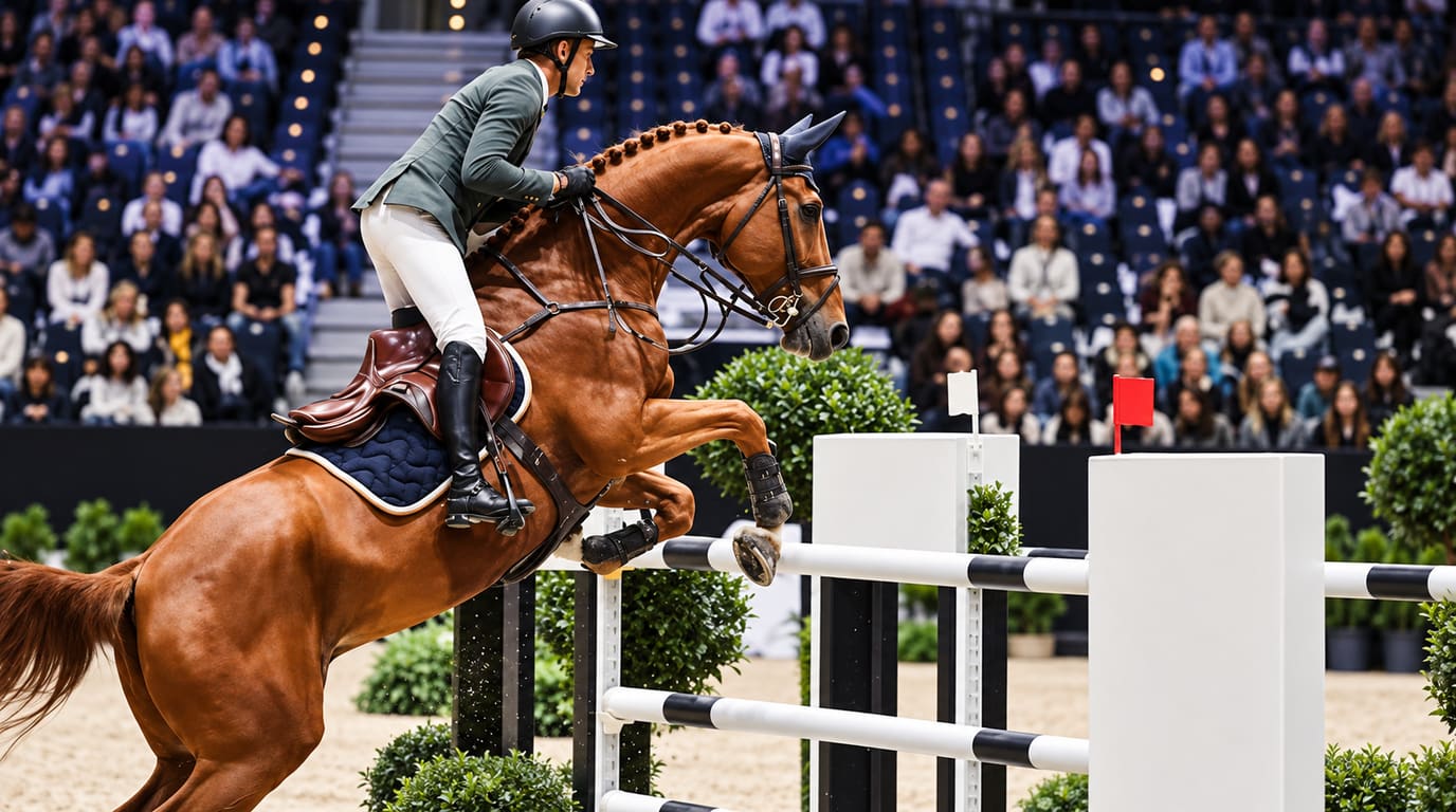 Rider in a grey-green jacket and white breeches clears a white-poled fence on a chestnut horse in a packed indoor show jumping arena.