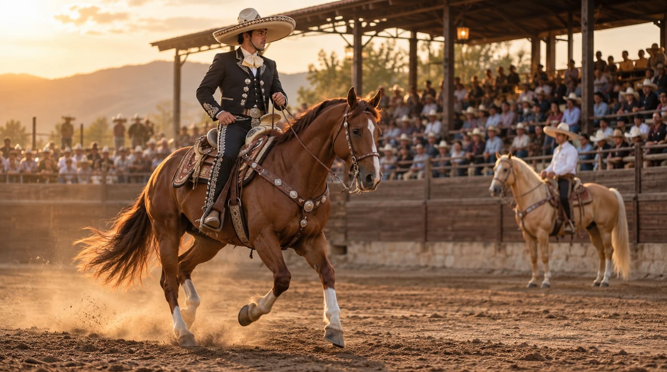 Un charro con chaqueta oscura bordada y sombrero cabalga un caballo castaño entre polvo dorado en un lienzo, con un palomino y una gradería llena al fondo.