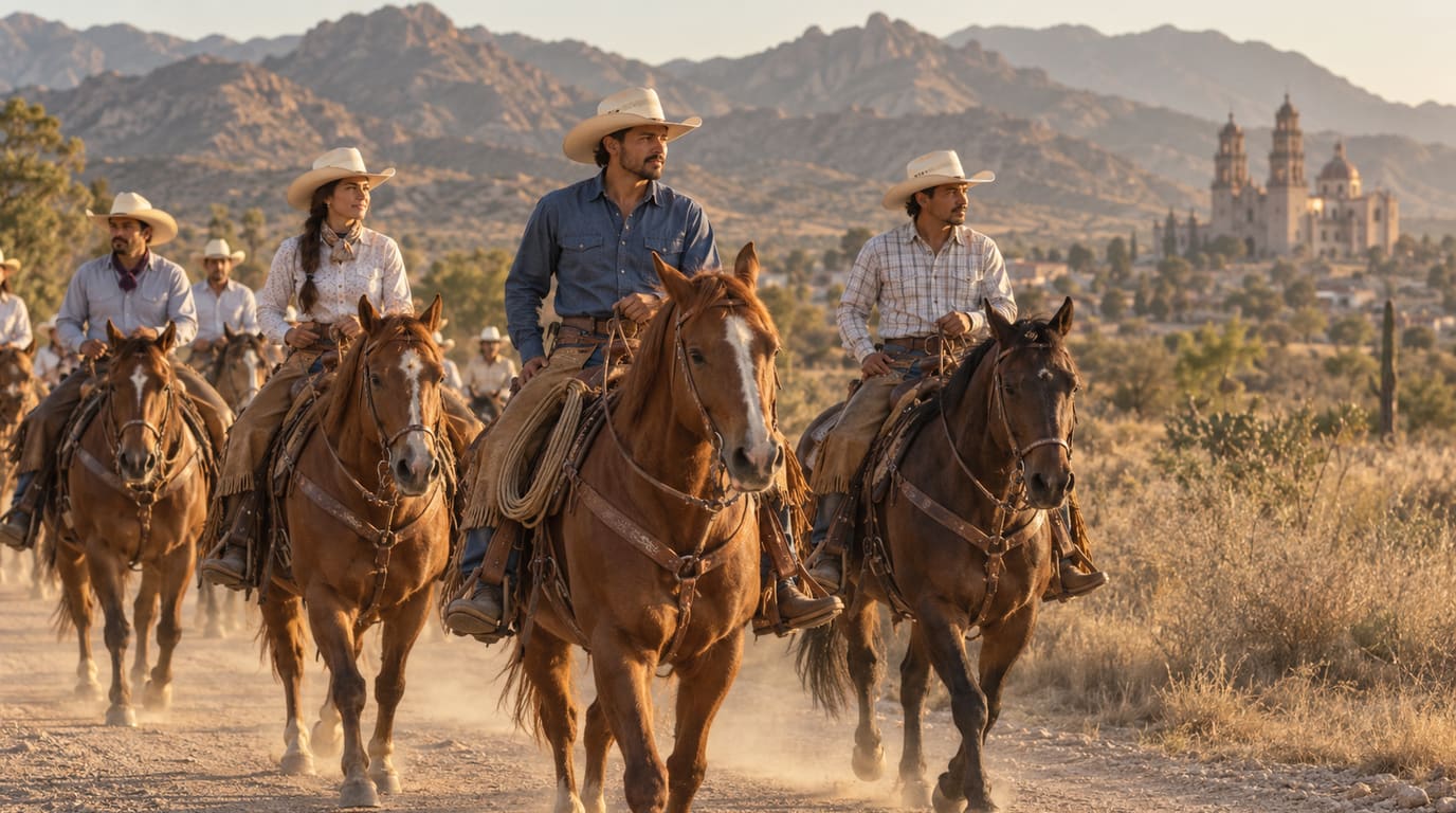 Jinetes rancheros con sombreros de paja crema y ropa vaquera cabalgan caballos alazanes y bayos por un camino polvoso, con montañas y una catedral de piedra al fondo.