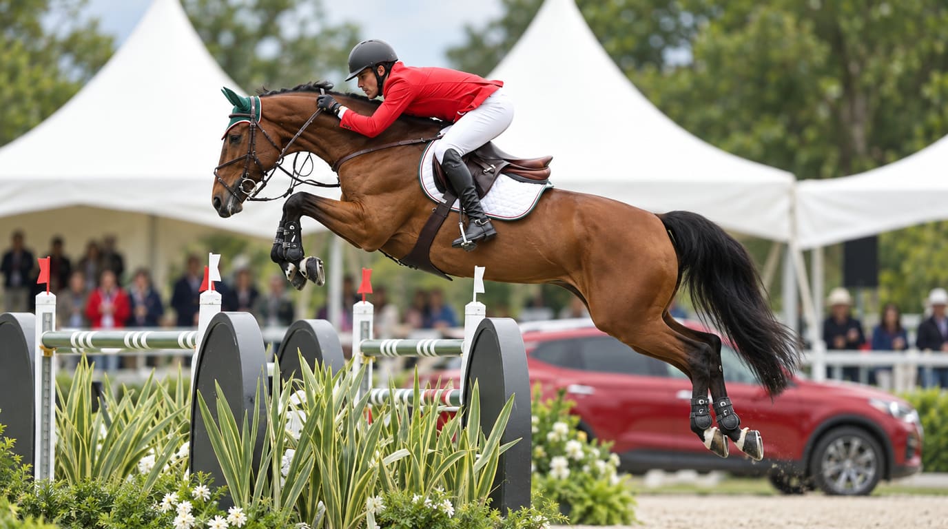 Rider in a red jacket and bay horse with a green ear bonnet sail over a show jumping fence in front of white tents and spectators