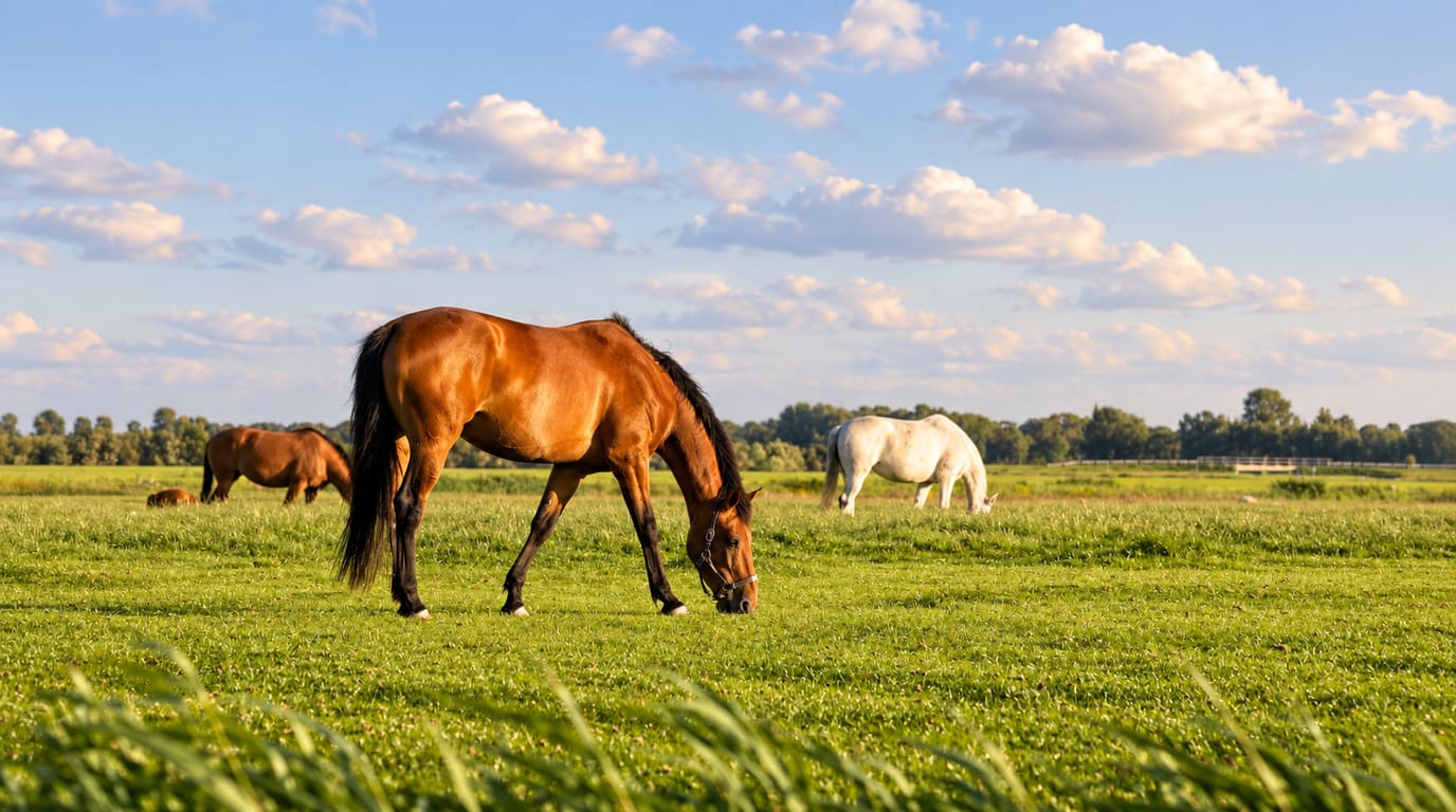 A bay horse grazes head-down on a lush green pasture in warm low sun, with a brown horse and a white horse grazing in the distance.