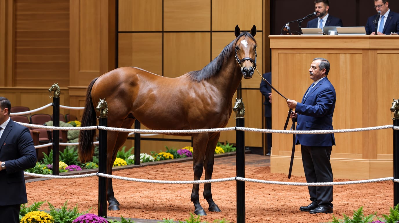 A handler in a blue suit holds a bay yearling with a white star inside a roped sale ring while auctioneers sit at the rostrum behind them.