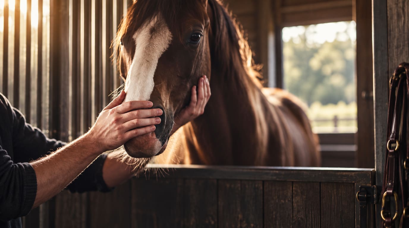 A person's hands gently cradle the muzzle and cheek of a chestnut horse with a white blaze looking over a wooden stall door.