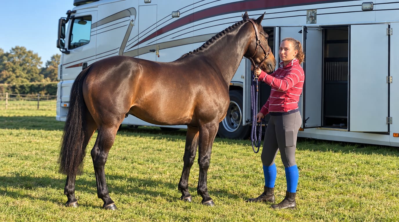 A groom in a red striped top holds a bay horse with a braided mane by its halter on the grass beside a white horse lorry on a sunny day.