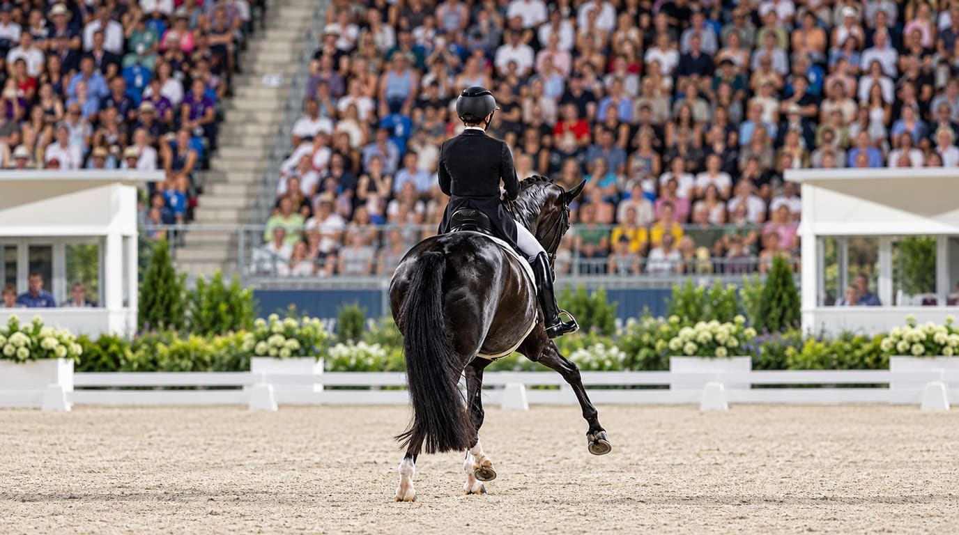Dressage rider in a black tailcoat and helmet on a black horse, seen from behind in a sand arena in front of packed grandstands and white flower boxes