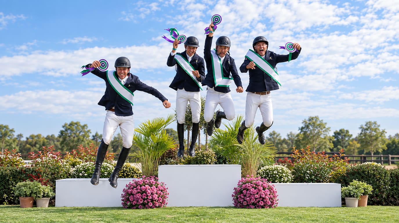 Four eventing riders in navy jackets, white breeches and sashes leap in celebration above a white podium, holding rosettes under a blue sky.