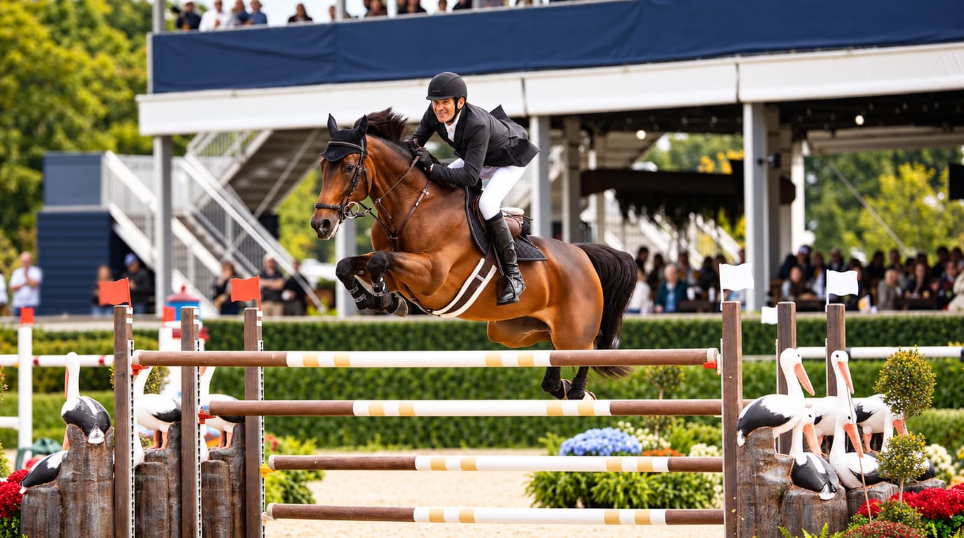 A rider in a black jacket clears a tall striped fence on a bay horse in front of a grandstand, with pelican decorations flanking the jump.