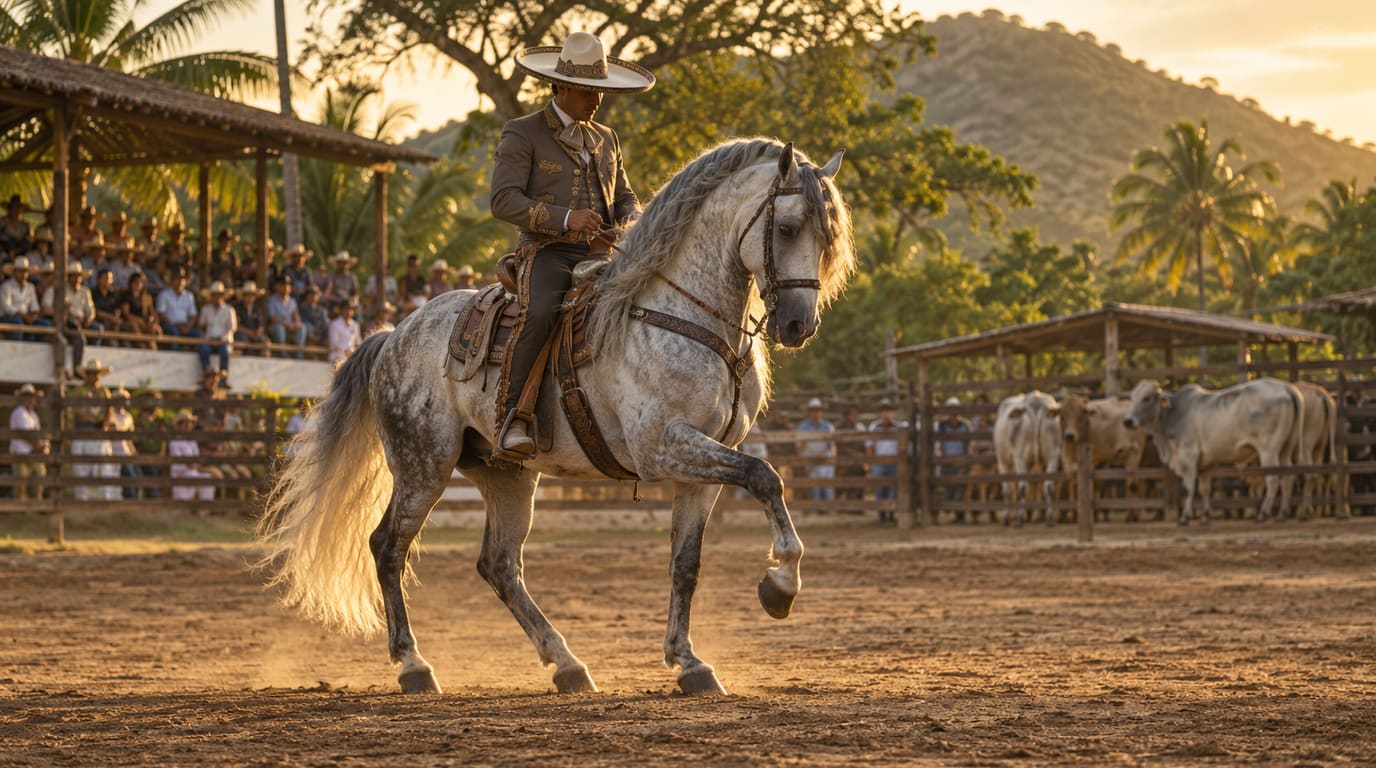 Un charro con chaqueta corta y sombrero de ala ancha guía a un caballo gris en trote elevado en un ruedo de tierra al atardecer, con ganado cebú al fondo.