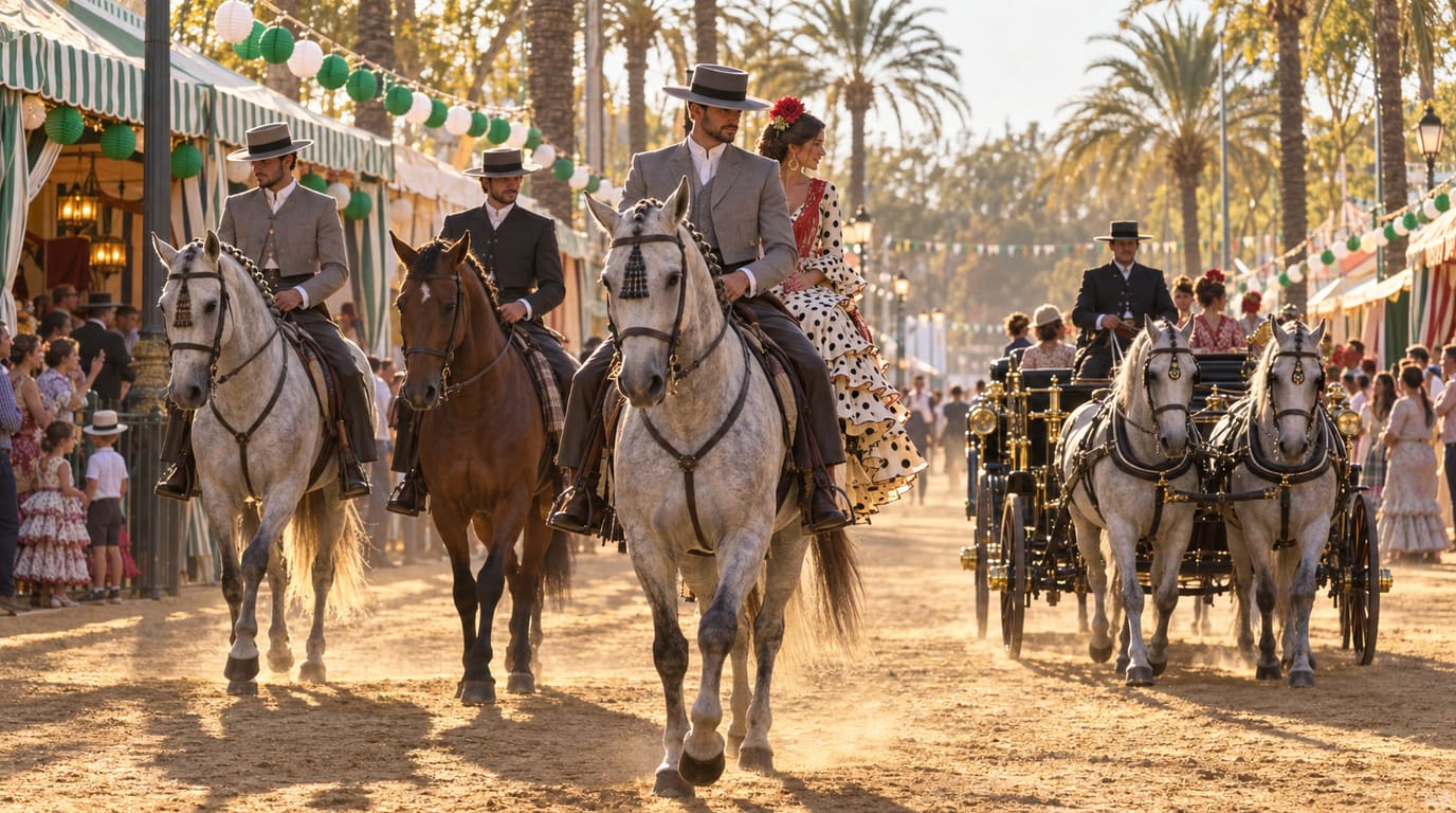 Riders in traje corto on grey and bay Andalusian horses parade down a sandy fair lane beside a carriage pulled by two grey horses under palm trees.