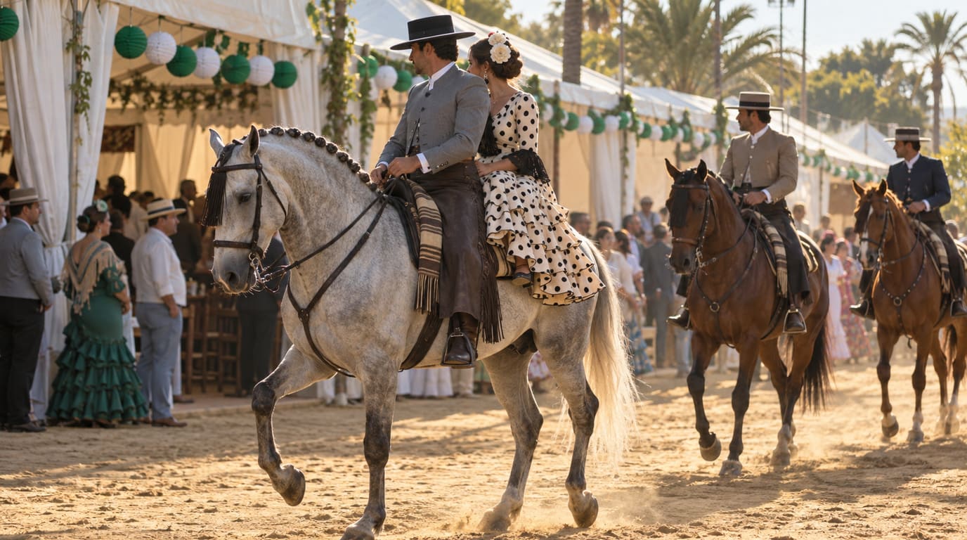 Un jinete con sombrero cordobés y una mujer con vestido flamenco de lunares montan un caballo tordo junto a casetas de feria, seguidos por dos jinetes.
