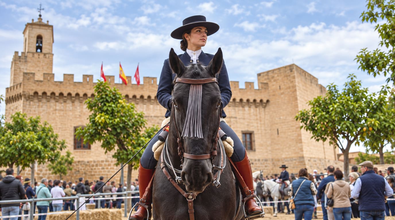 Rider in a wide-brimmed hat on a dark horse with a leather fringe browband, in front of Marcilla's stone castle as fairgoers gather