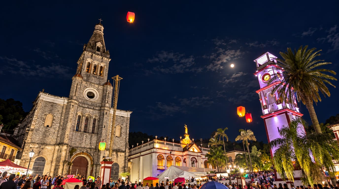 Faroles de papel flotan sobre la iglesia de piedra y la torre del reloj iluminada de morado en la plaza de Cuetzalan, de noche, con gente reunida bajo la luna.